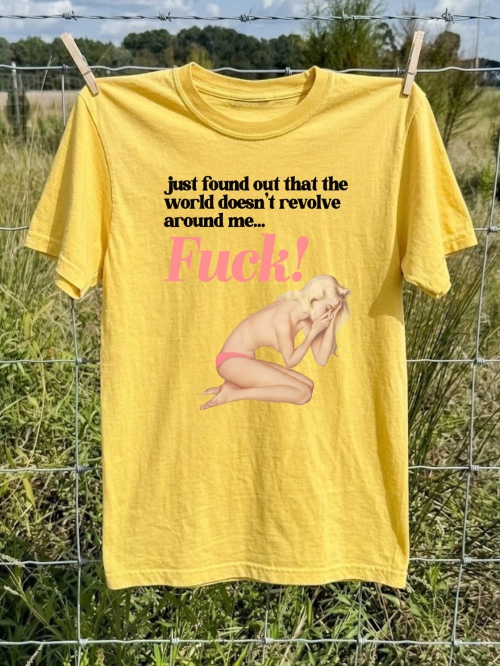 Yellow Short-Sleeve Graphic Tee with Pink Script and Illustration - Women